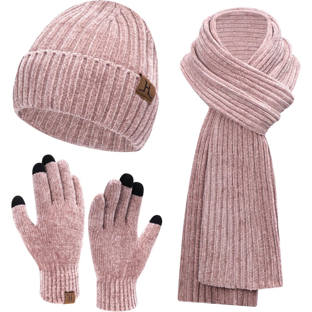 Womens Winter Knit Warm Hat Beanie Long Scarf Touch Screen Gloves Set Skull Caps